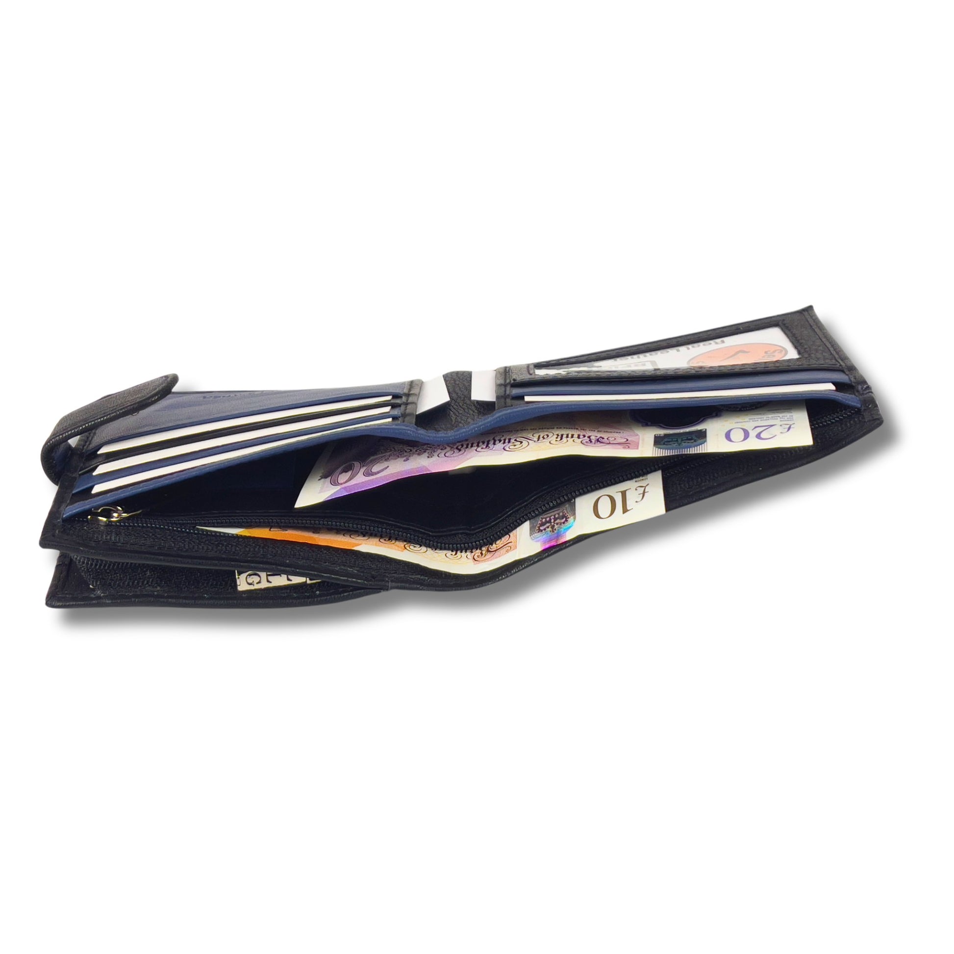 Open black and navy leather wallet showcasing cash and card storage compartments with RFID-blocking