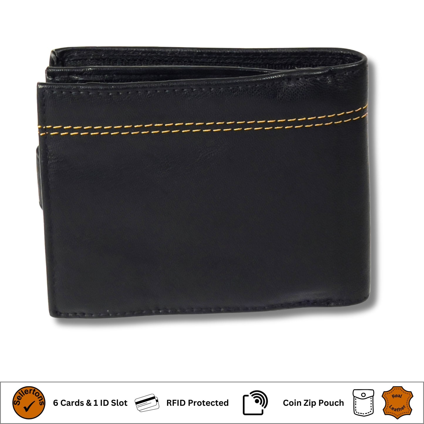 Back of black and tan leather wallet with contrast stitching and RFID-blocking technology
