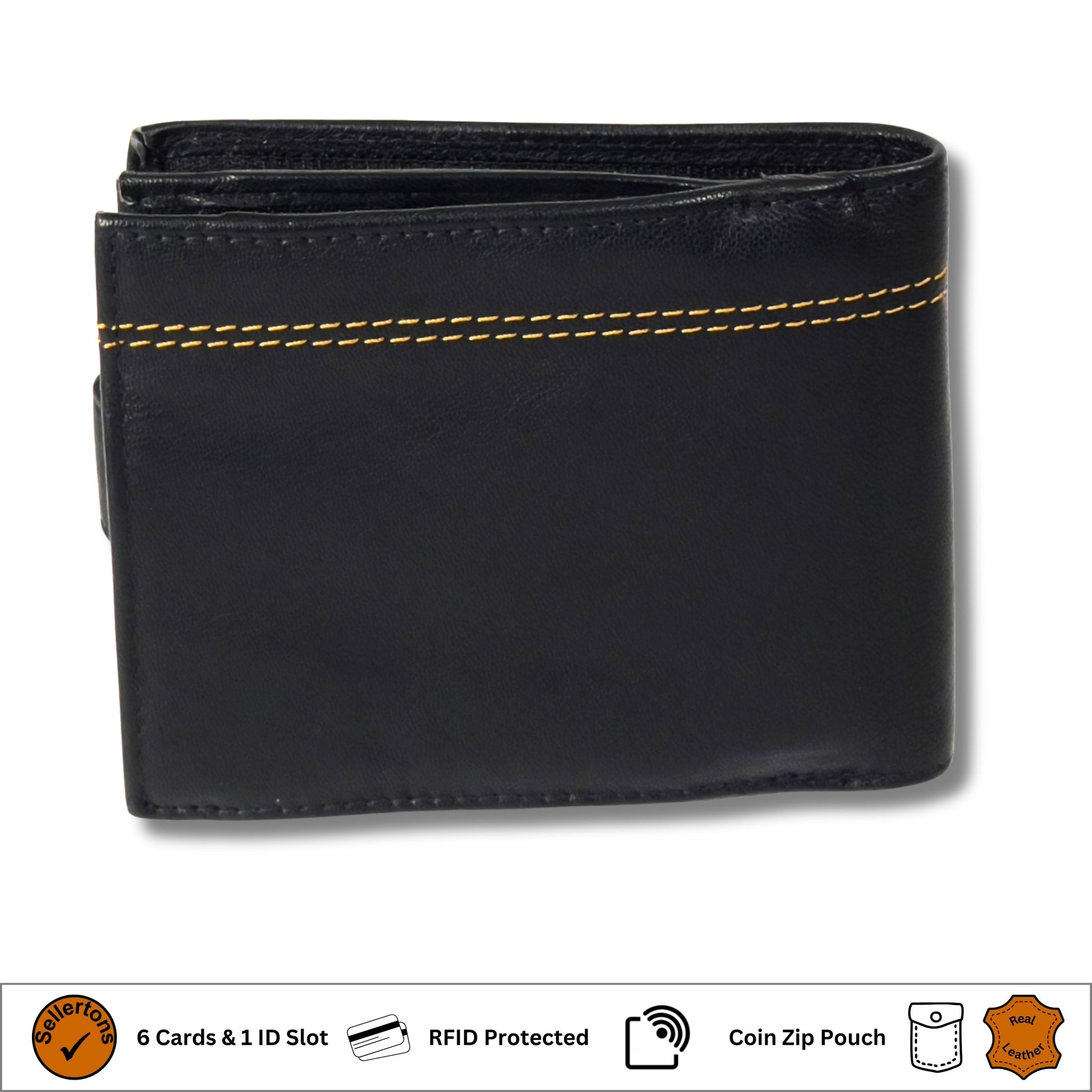 Back of black and tan leather wallet with contrast stitching and RFID-blocking technology