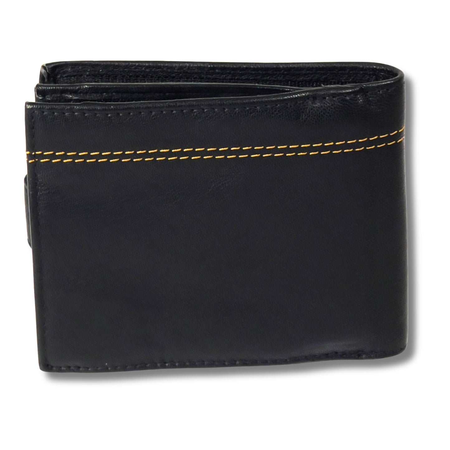 Back of black and tan leather wallet with contrast stitching and RFID-blocking technology
