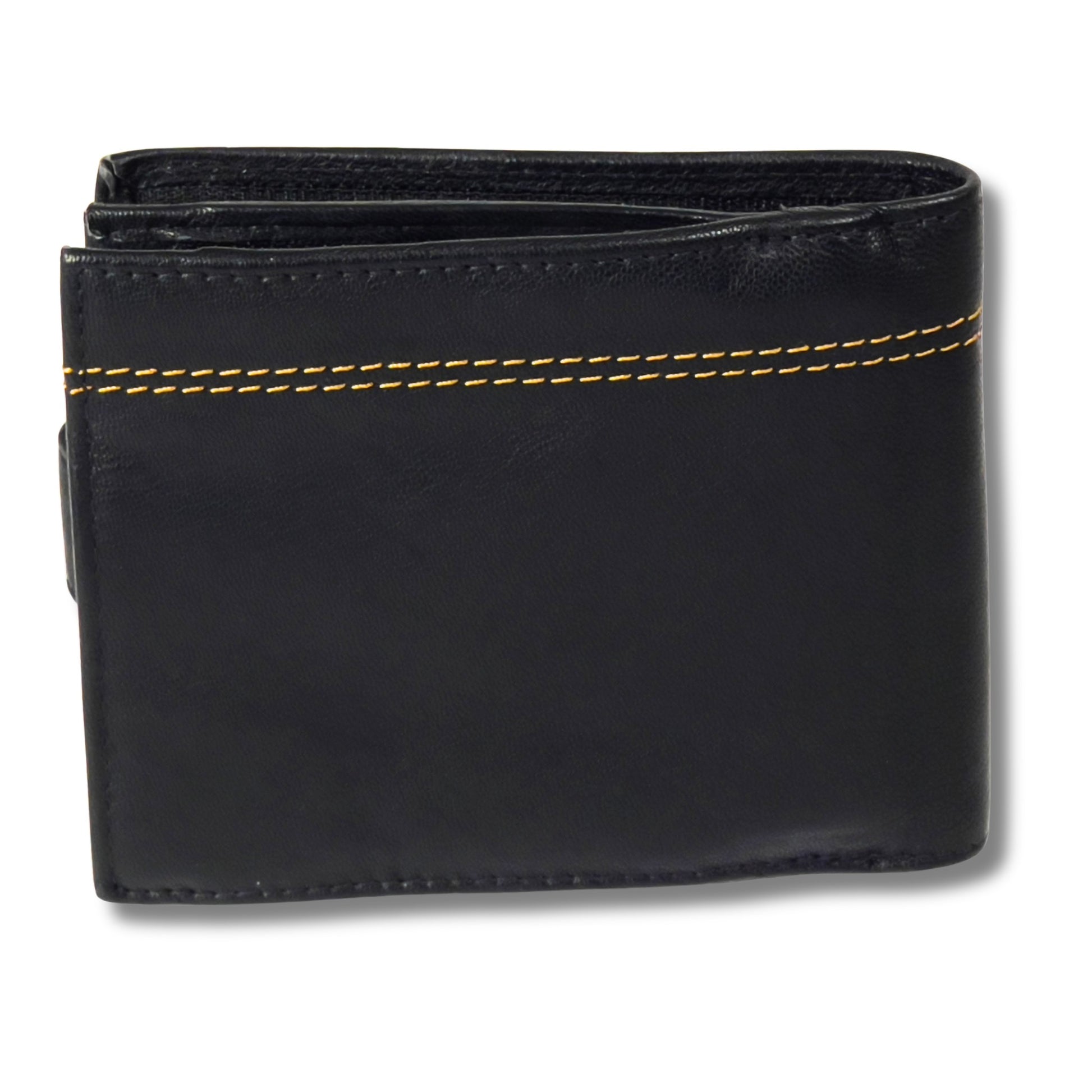 Back of black and tan leather wallet with contrast stitching and RFID-blocking technology