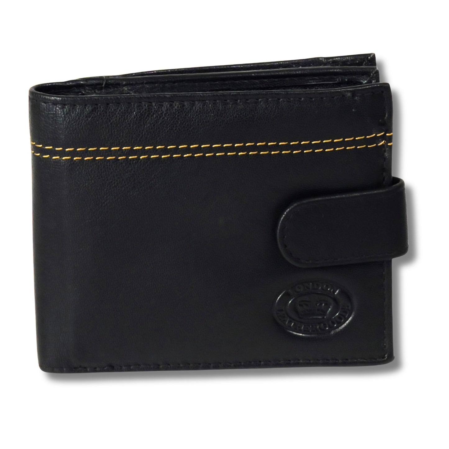 Front view of closed black and tan leather wallet, featuring sleek design and contrast stitching.