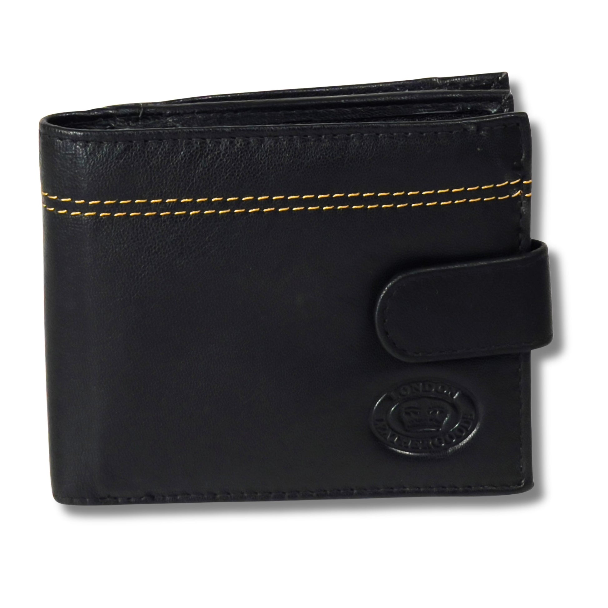 Front view of closed black and tan leather wallet, featuring sleek design and contrast stitching.