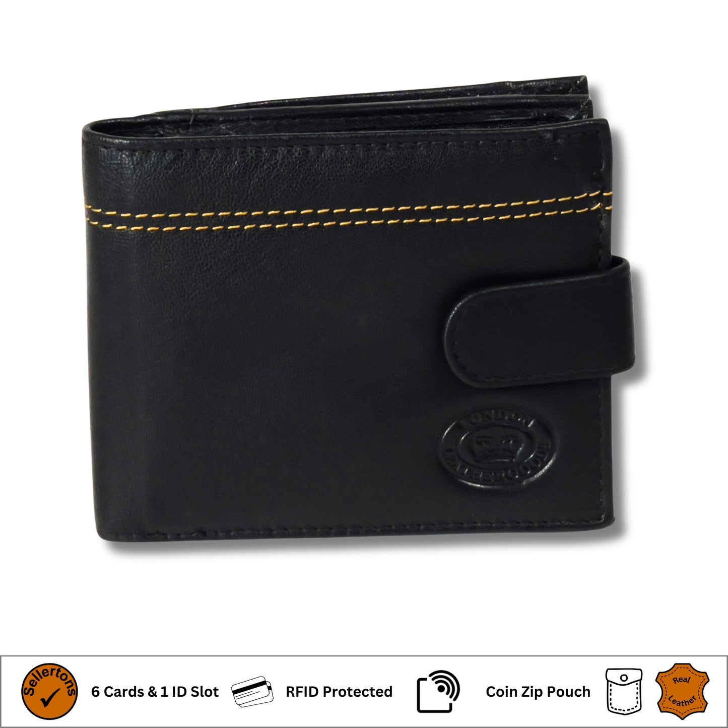 Front view of closed black and tan leather wallet, featuring sleek design and contrast stitching.
