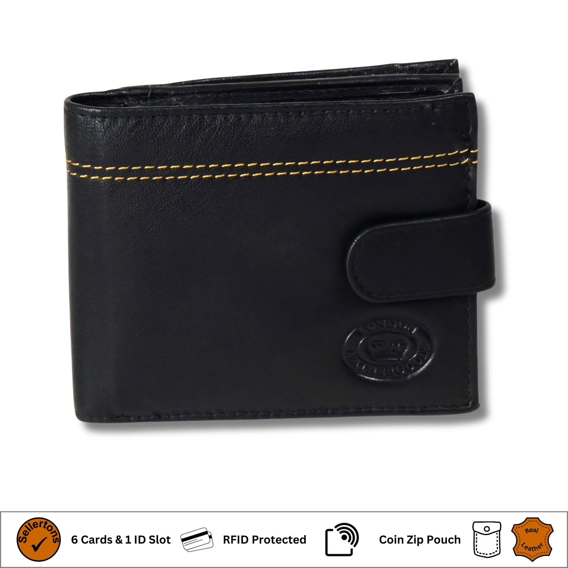 Front view of closed black and tan leather wallet, featuring sleek design and contrast stitching.