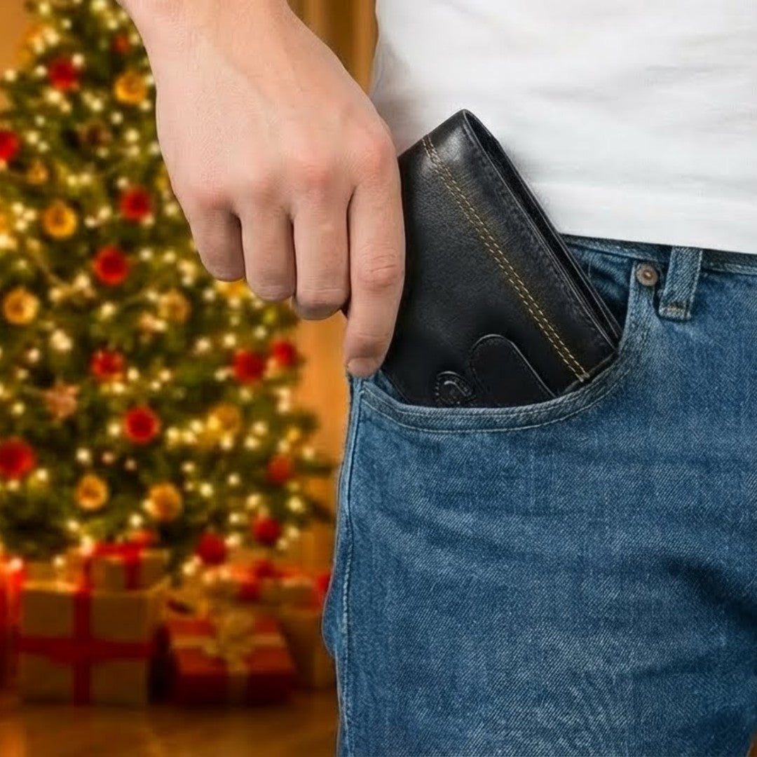 Black and tan RFID leather wallet held outdoors in hand, showcasing size and everyday carry use