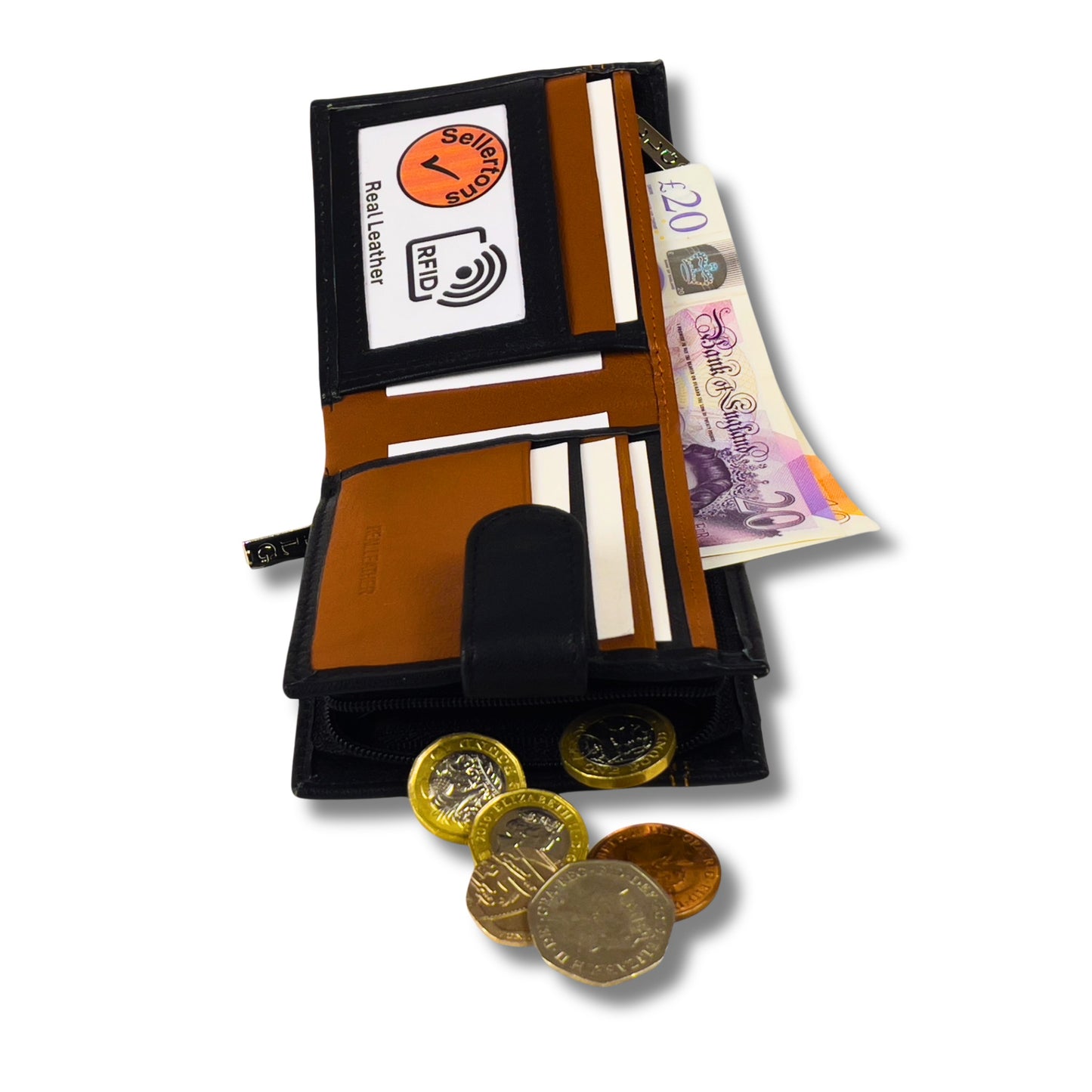 Interior of black and tan leather wallet with card slots and compartments, featuring RFID-blocking