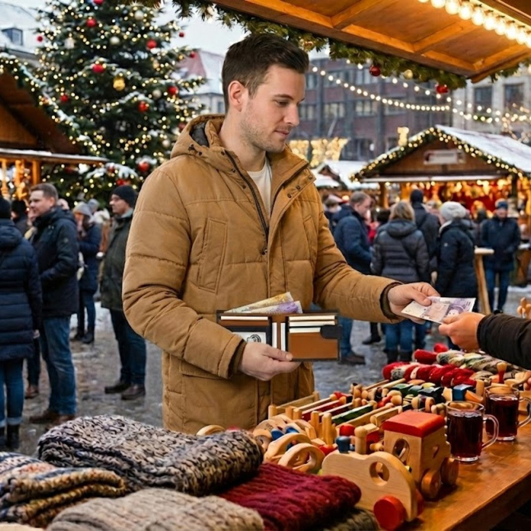 Black and tan RFID leather wallet used at a Christmas market, highlighting natural lifestyle presentation