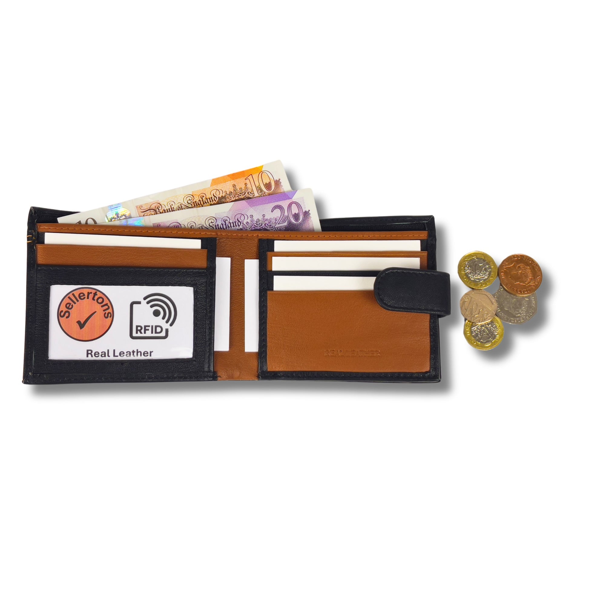 Open black and tan leather wallet showing card, cash, and coin storage with RFID protection