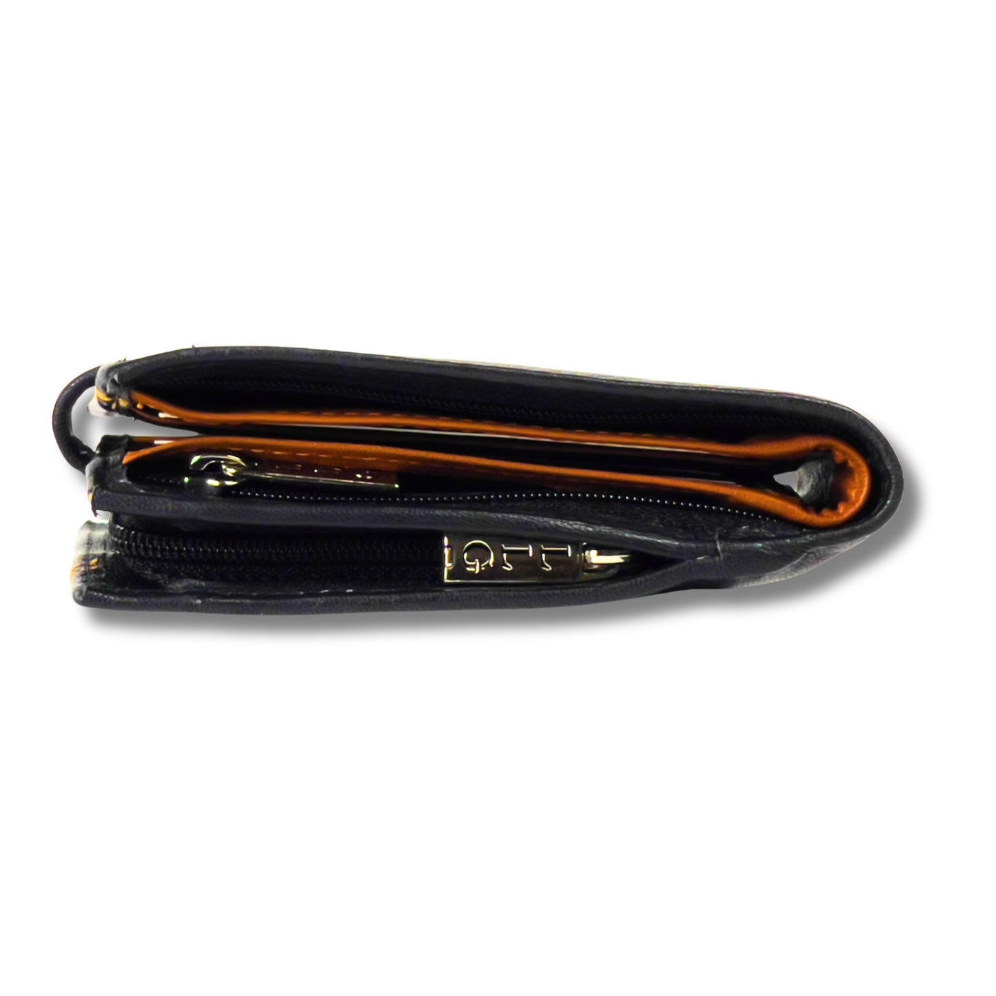 Side profile of closed black and tan leather wallet crafted from durable leather featuring RFID protection