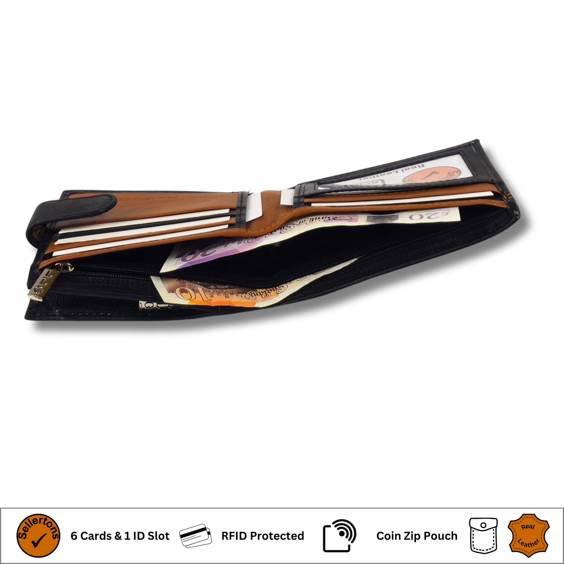 Side view of an open black and tan leather wallet with card and cash compartments featuring RFID-blocking