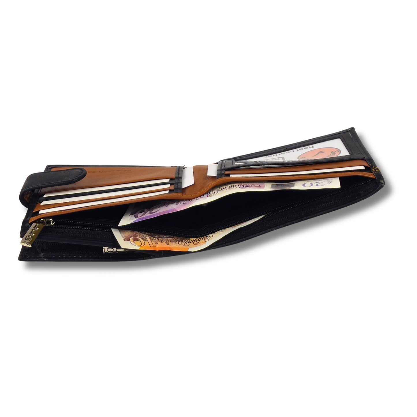 Side view of an open black and tan leather wallet with card and cash compartments featuring RFID-blocking