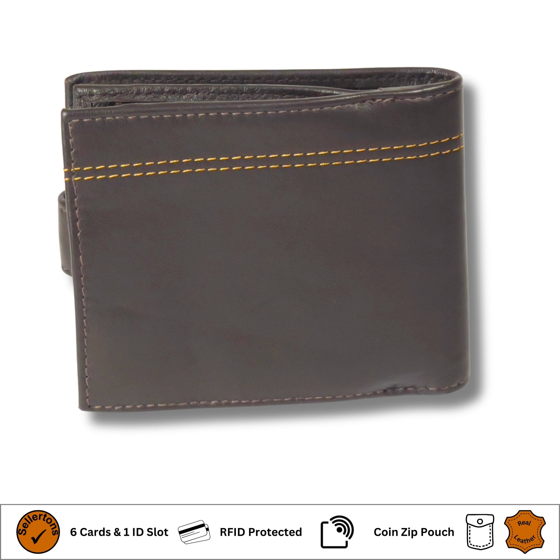 Back of brown leather wallet with durable stitching and RFID-blocking technology
