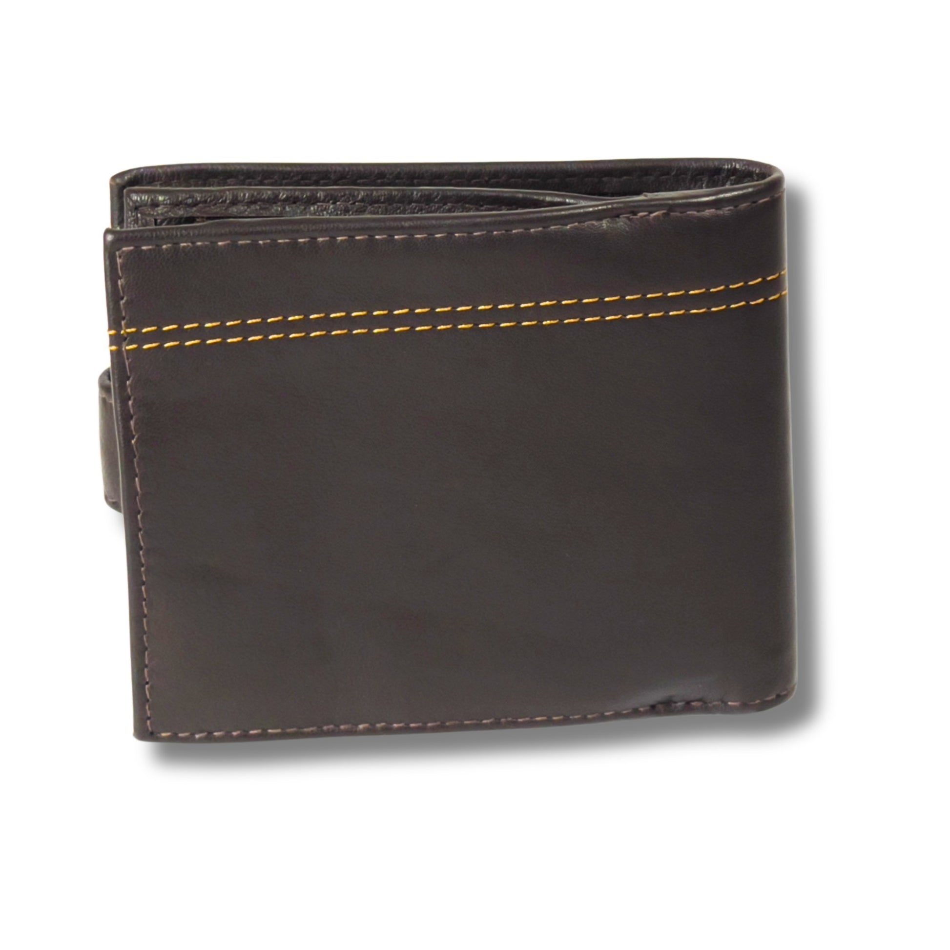 Back of brown leather wallet with durable stitching and RFID-blocking technology