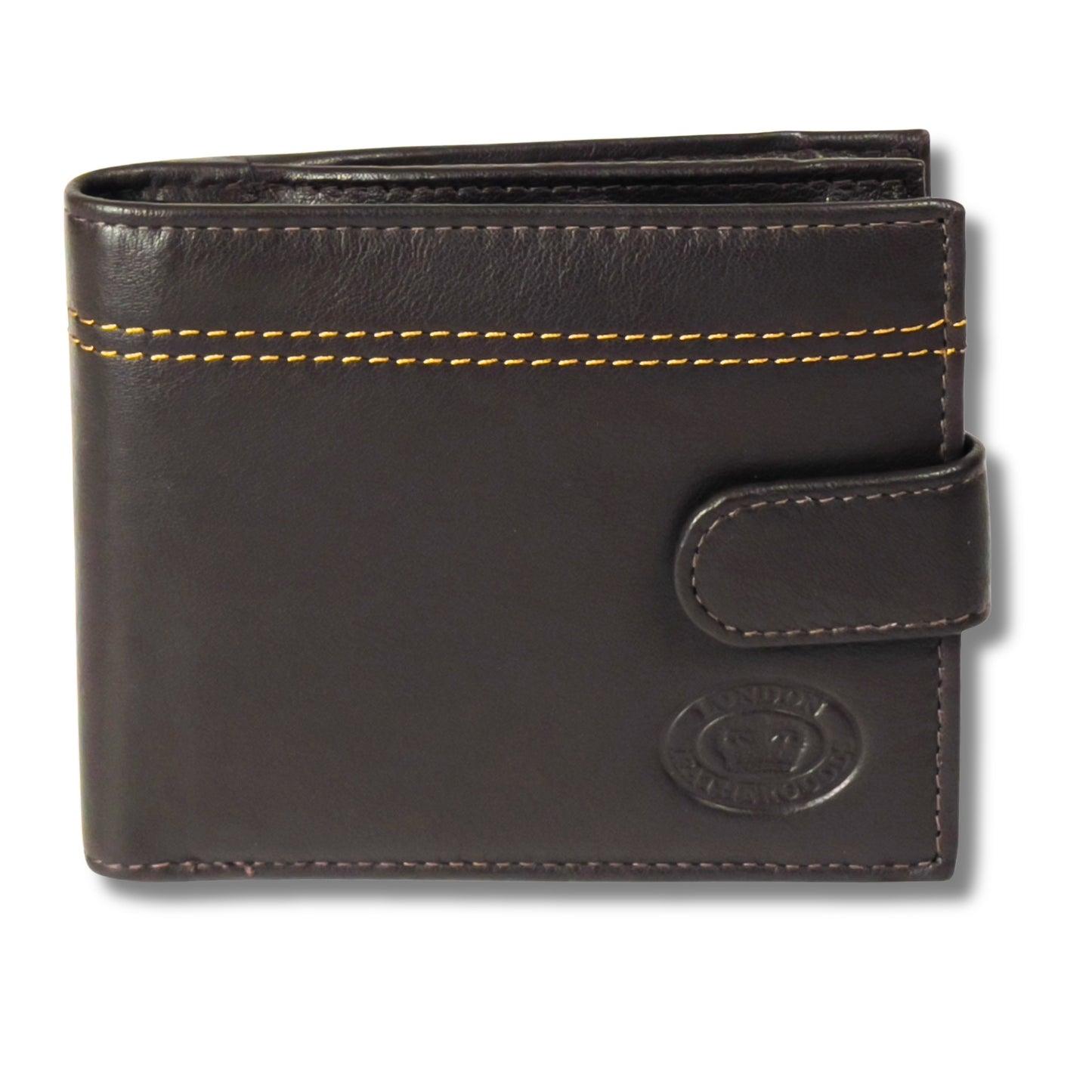 Closed front of men's brown leather wallet with RFID protection and sleek design