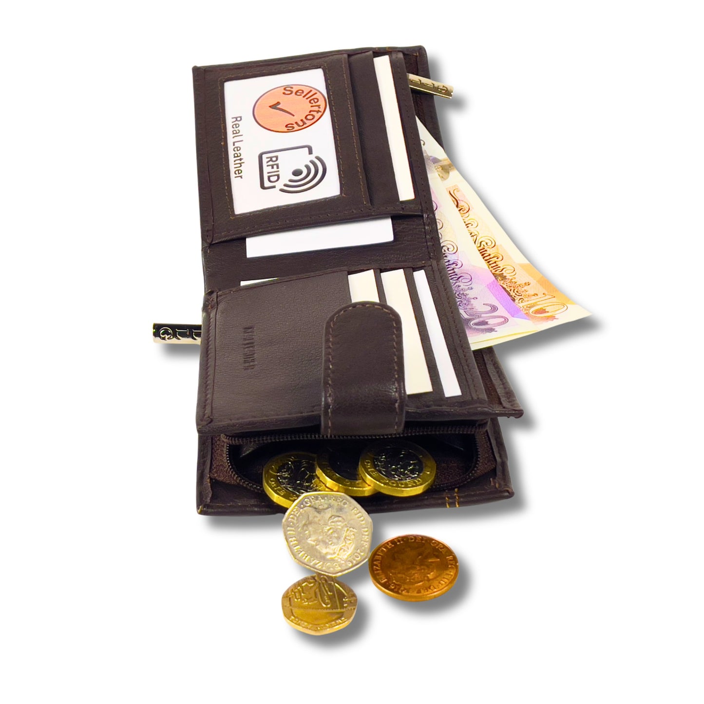 Interior of brown leather wallet displaying card slots, coin pouch, and RFID protection