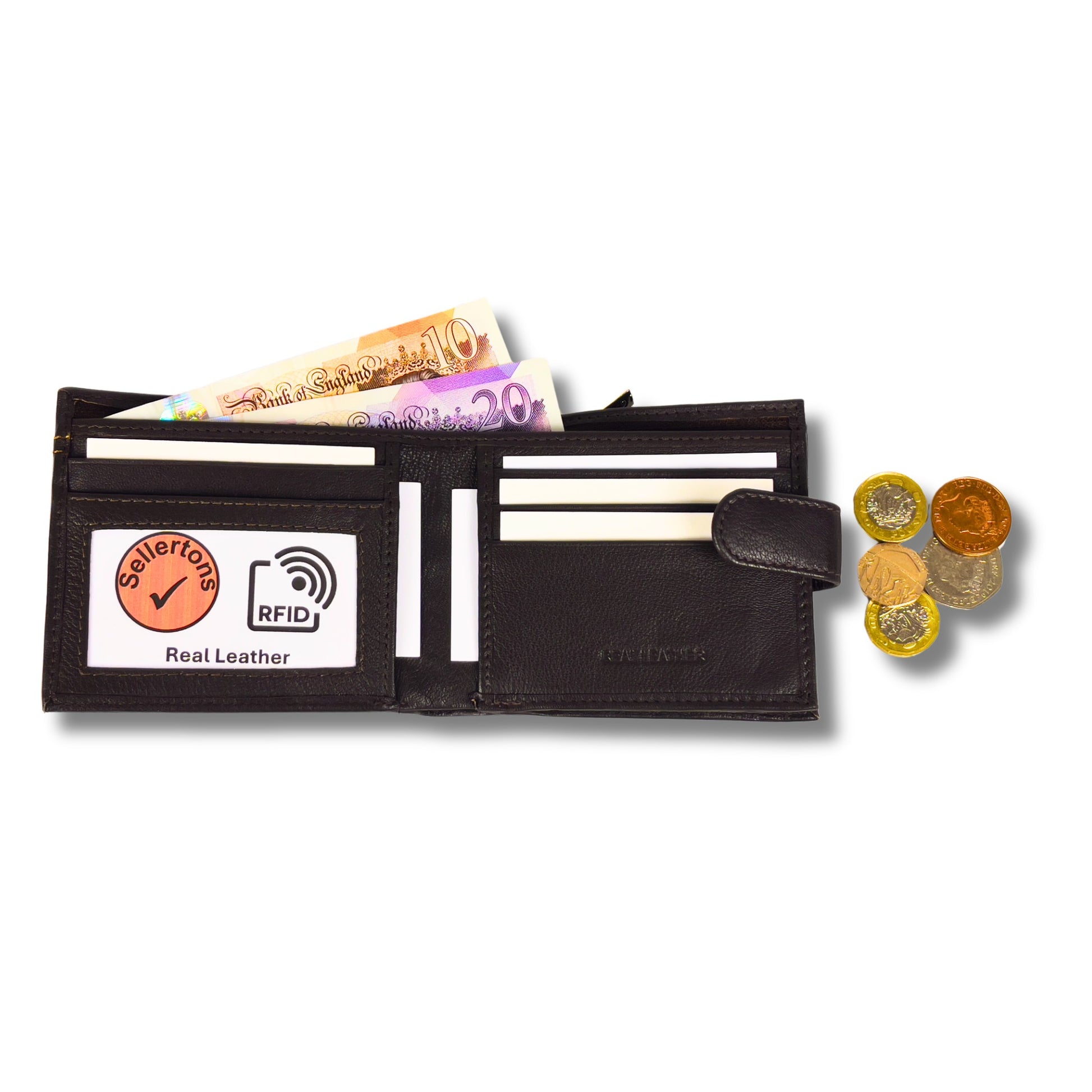 Open brown leather wallet showing spacious compartments for cards, cash and coins