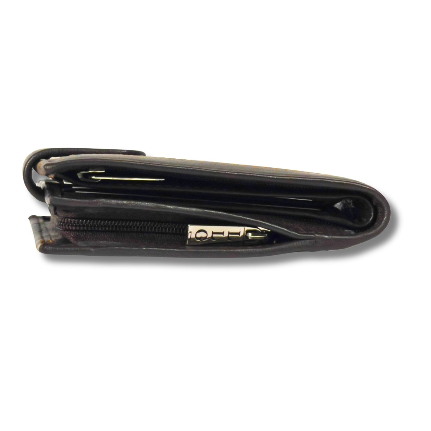 Side profile of closed brown leather wallet made from real leather with RFID protection