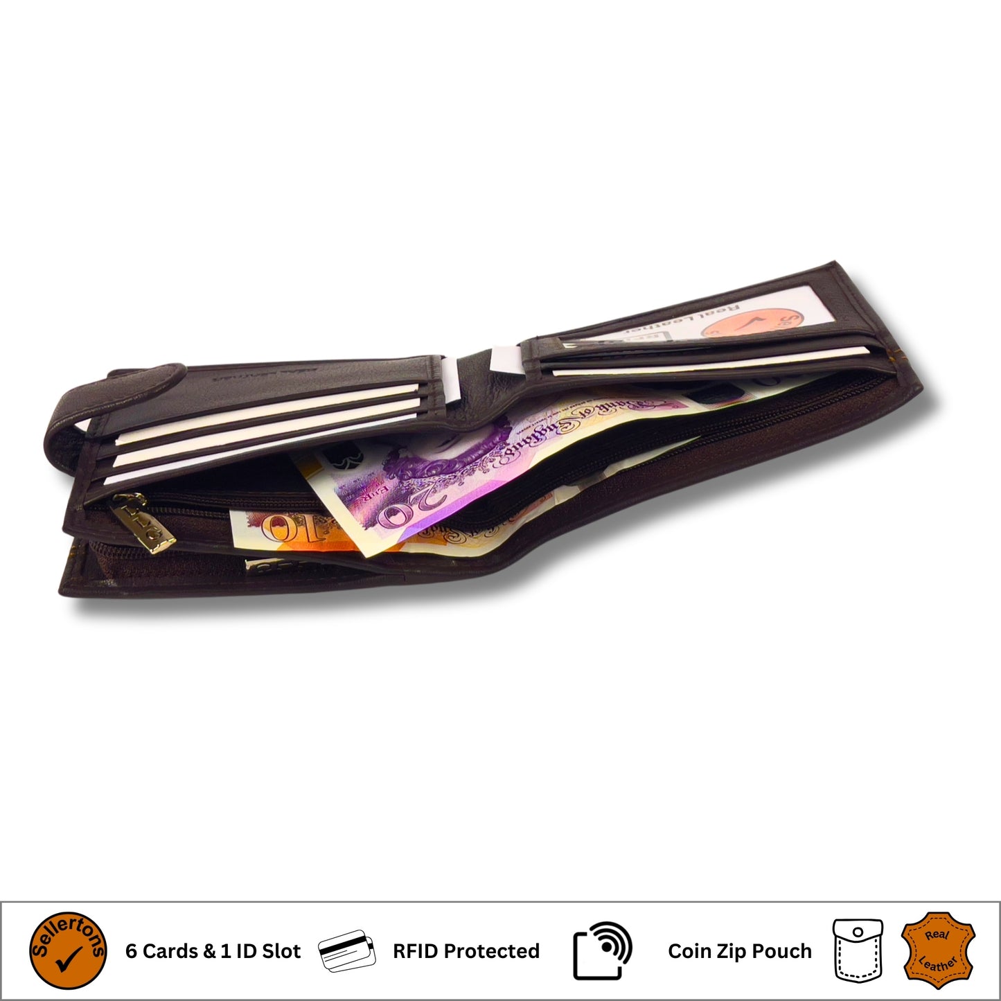 Side profile of open brown leather wallet with card, cash, and coin storage featuring RFID-blocking