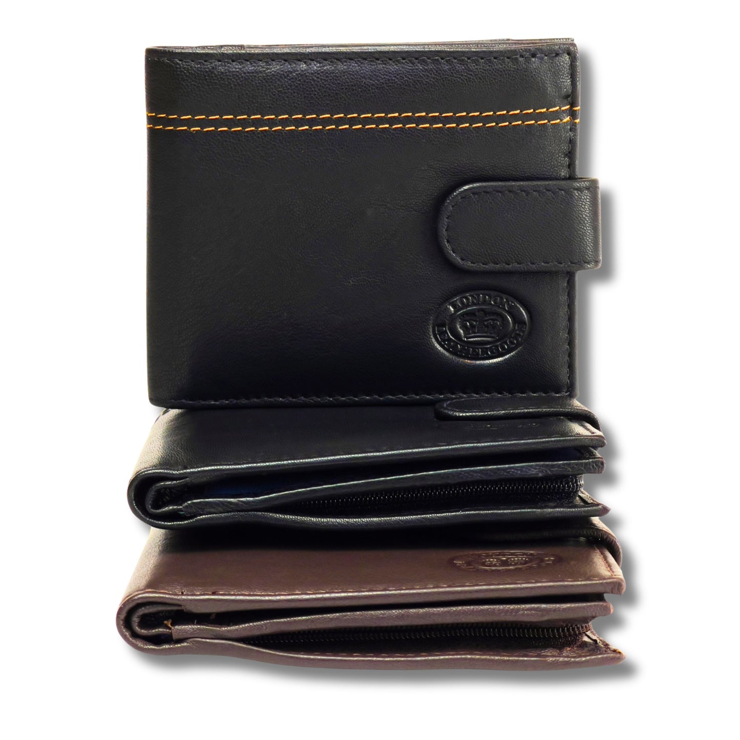 A range of Men's leather wallets featuring RFID protection, zippered coin pouch, and multiple card slots