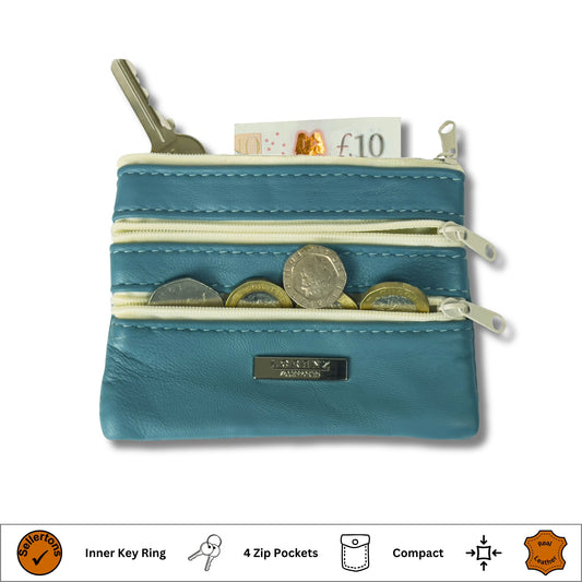 Open view of a light blue leather coin purse with coins, a keyring, and zippered compartments