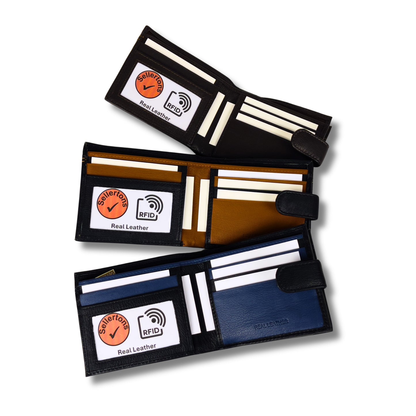 Banner of men's bifold leather wallets in black and tan, brown, and black and navy, designed with RFID-blocking and slim profiles