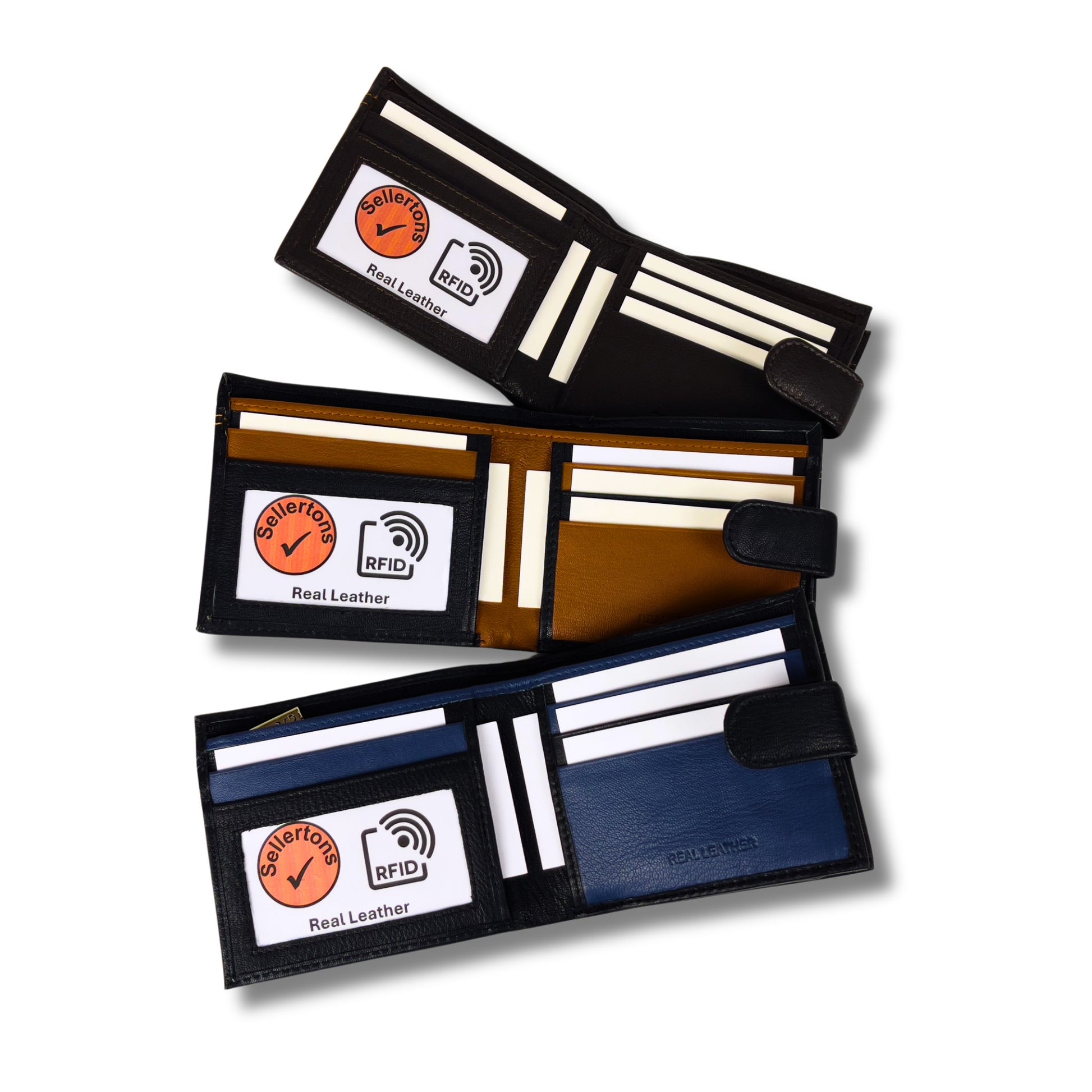 Banner of men's bifold leather wallets in black and tan, brown, and black and navy, designed with RFID-blocking and slim profiles