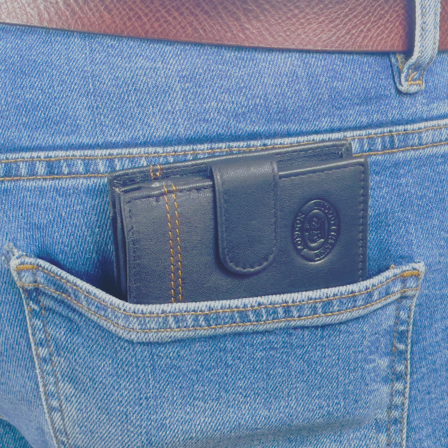 Pocket view of a men's bifold leather wallet with RFID-blocking, crafted from durable leather