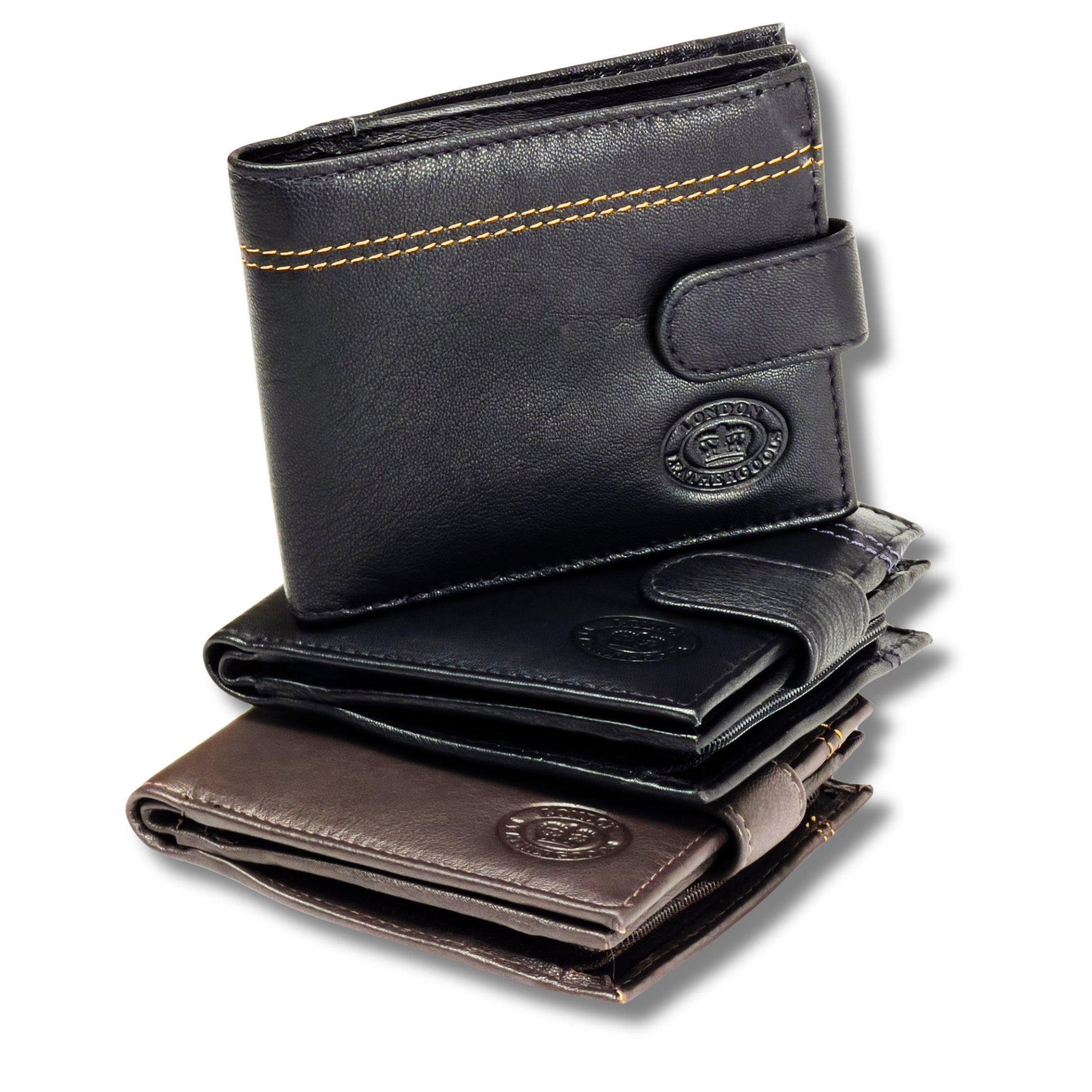Angled view of a men's leather bifold wallet showing card slots, coin pocket, and RFID-blocking feature