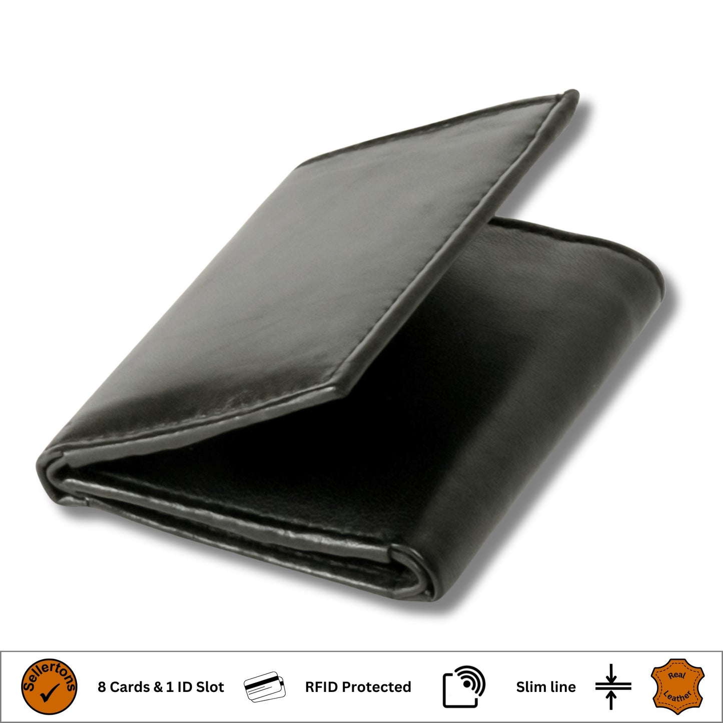 Angled view of a black trifold wallet made from sheep Nappa leather, featuring RFID-blocking technology