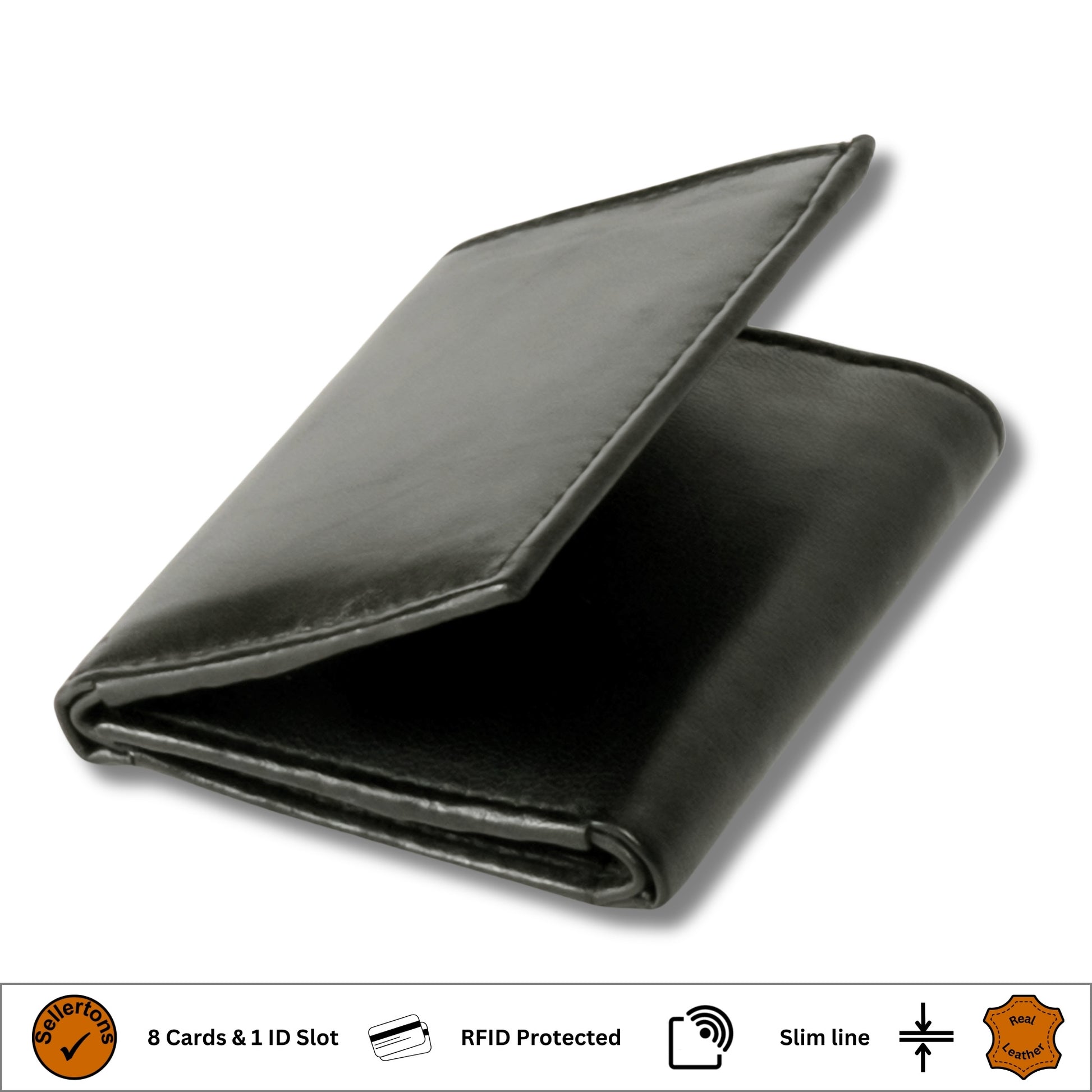 Angled view of a black trifold wallet made from sheep Nappa leather, featuring RFID-blocking technology