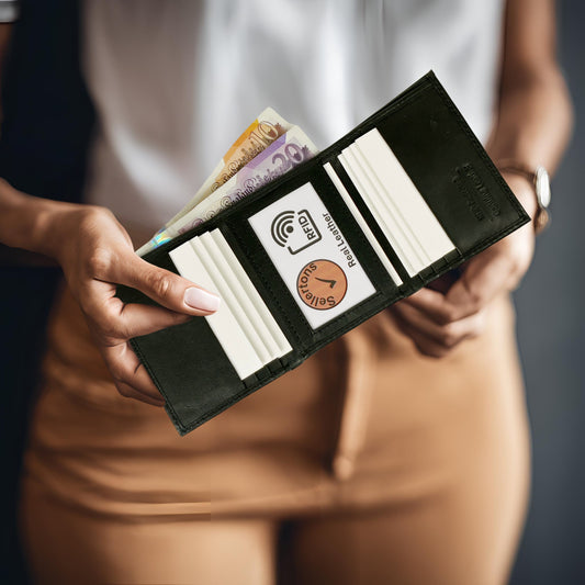 Black trifold leather wallet held in hands, open to show card slots, ID window, and note section