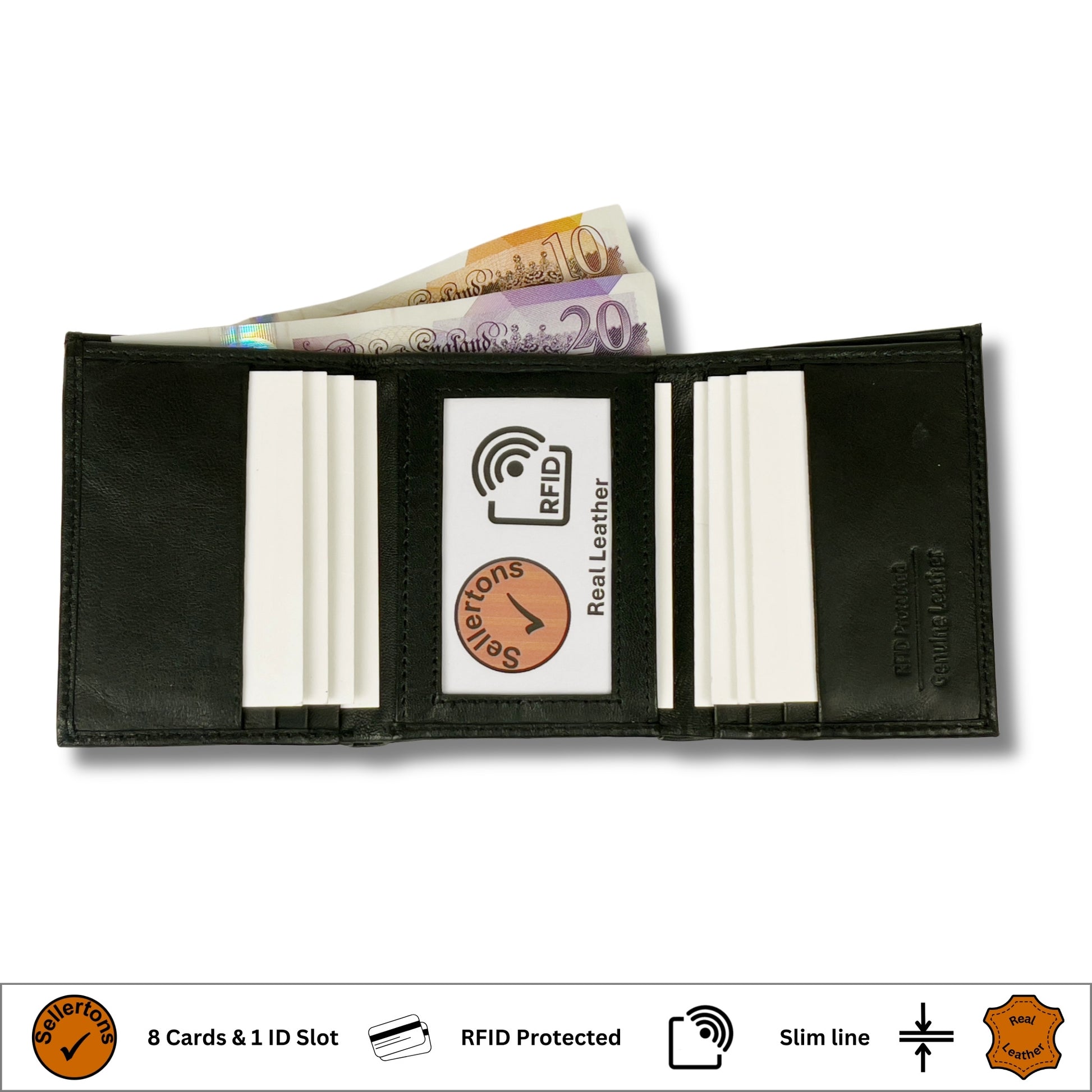 Interior of a black trifold leather wallet showing card slots, an ID window, and a note compartment