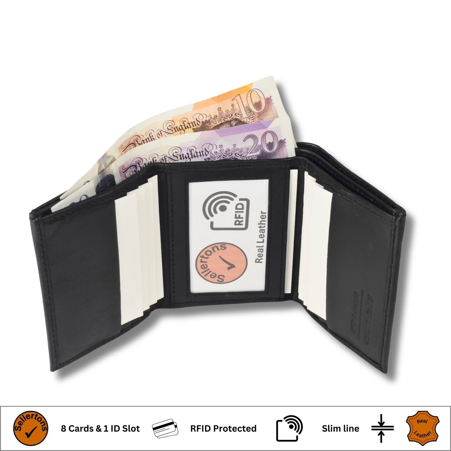 Open black trifold wallet crafted from real leather, displaying card and note compartments