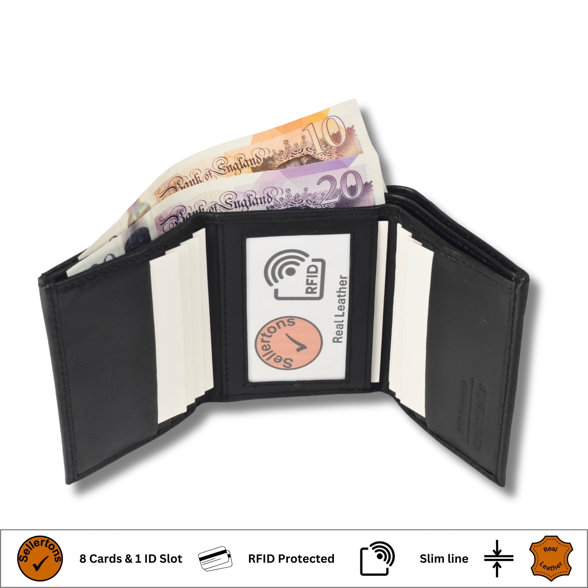 Open black trifold wallet crafted from real leather, displaying card and note compartments