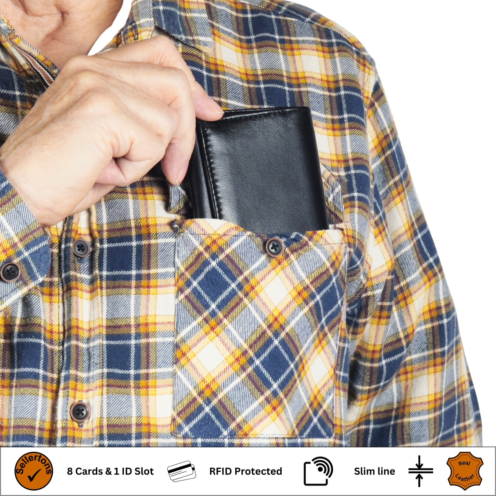 Black trifold leather wallet being placed into a plaid shirt pocket