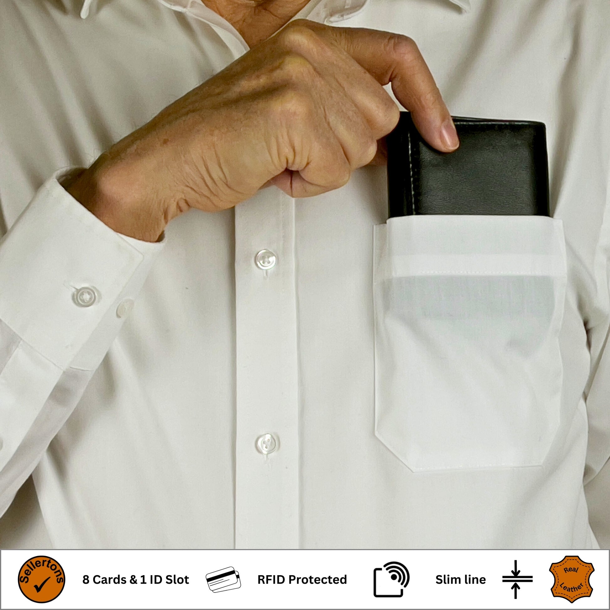 Black leather wallet being inserted into the pocket of a white shirt