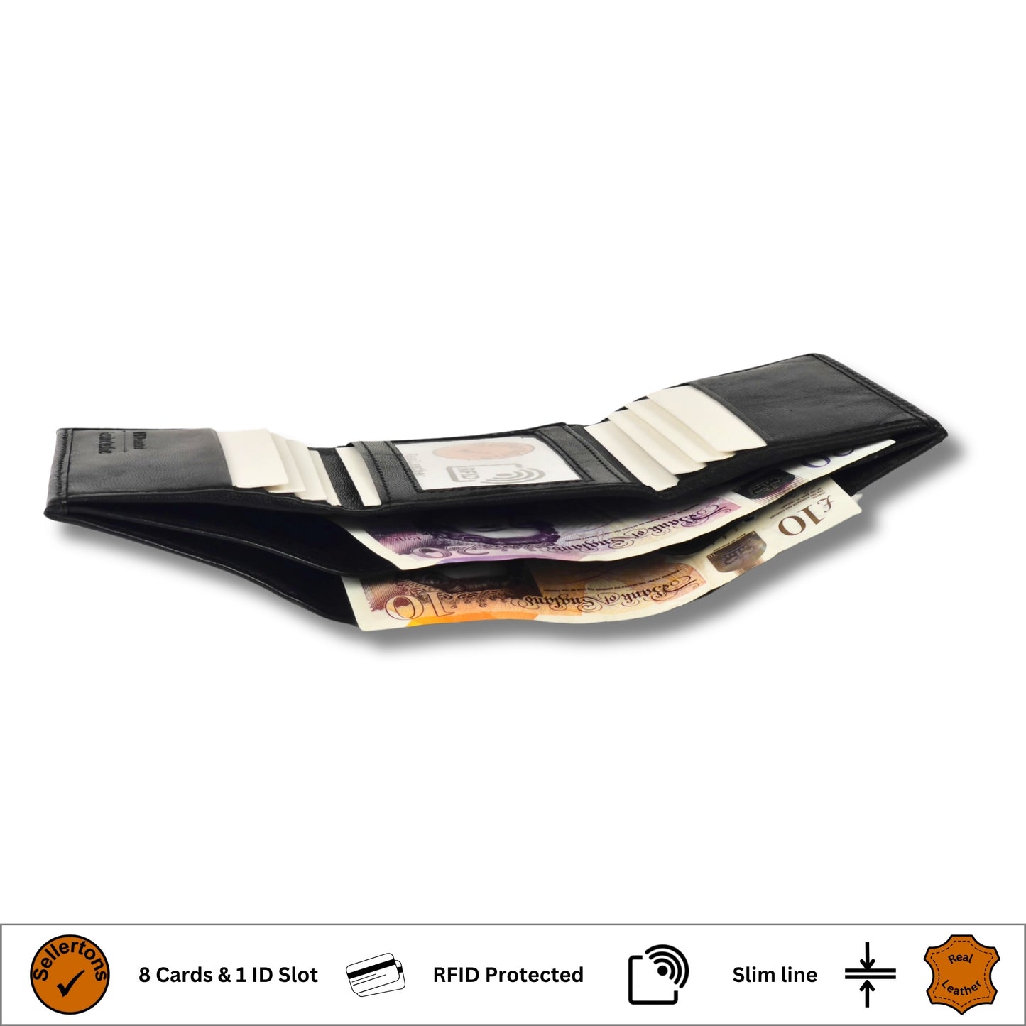 Side view of a black leather trifold wallet, open to show card slots and compartments