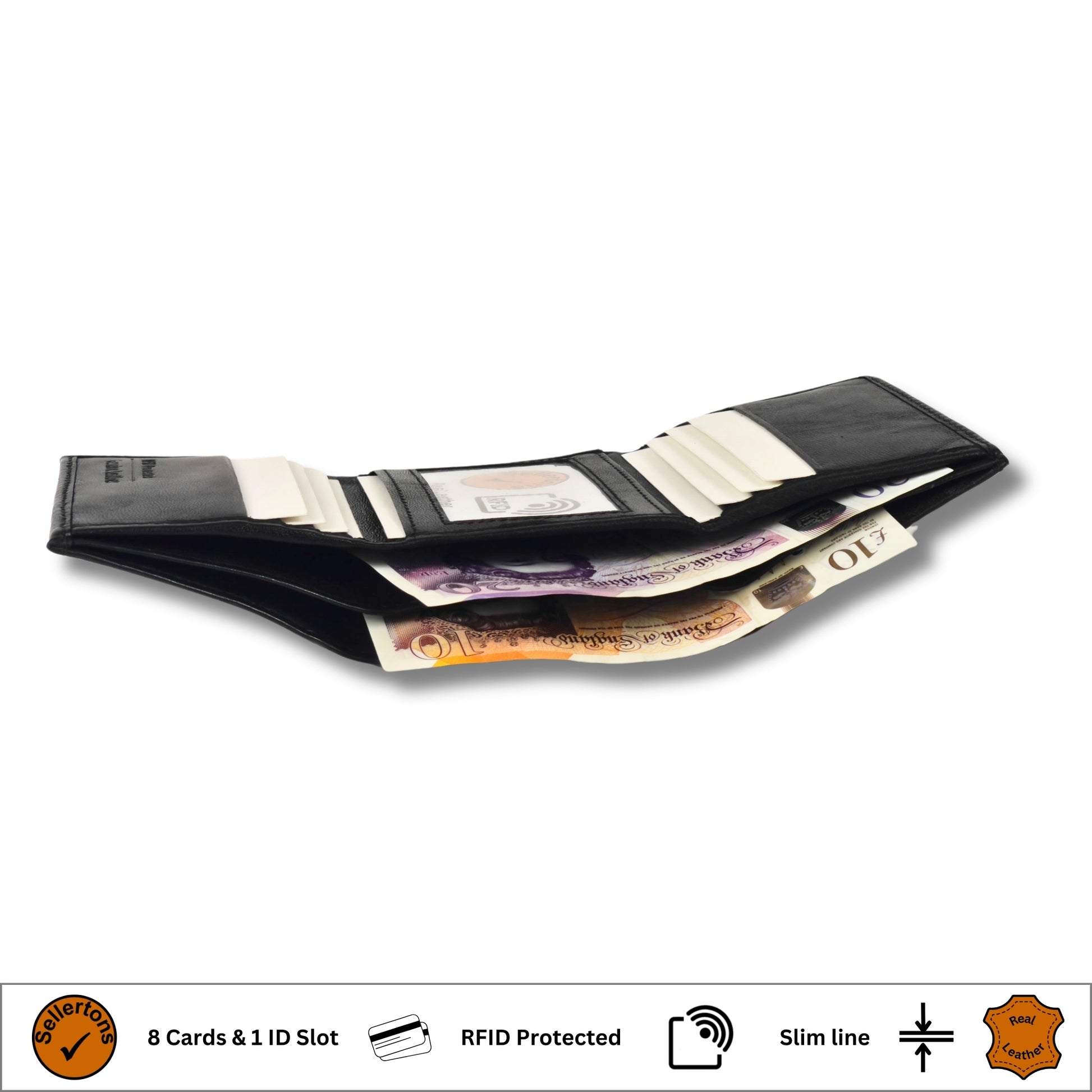 Side view of a black leather trifold wallet, open to show card slots and compartments