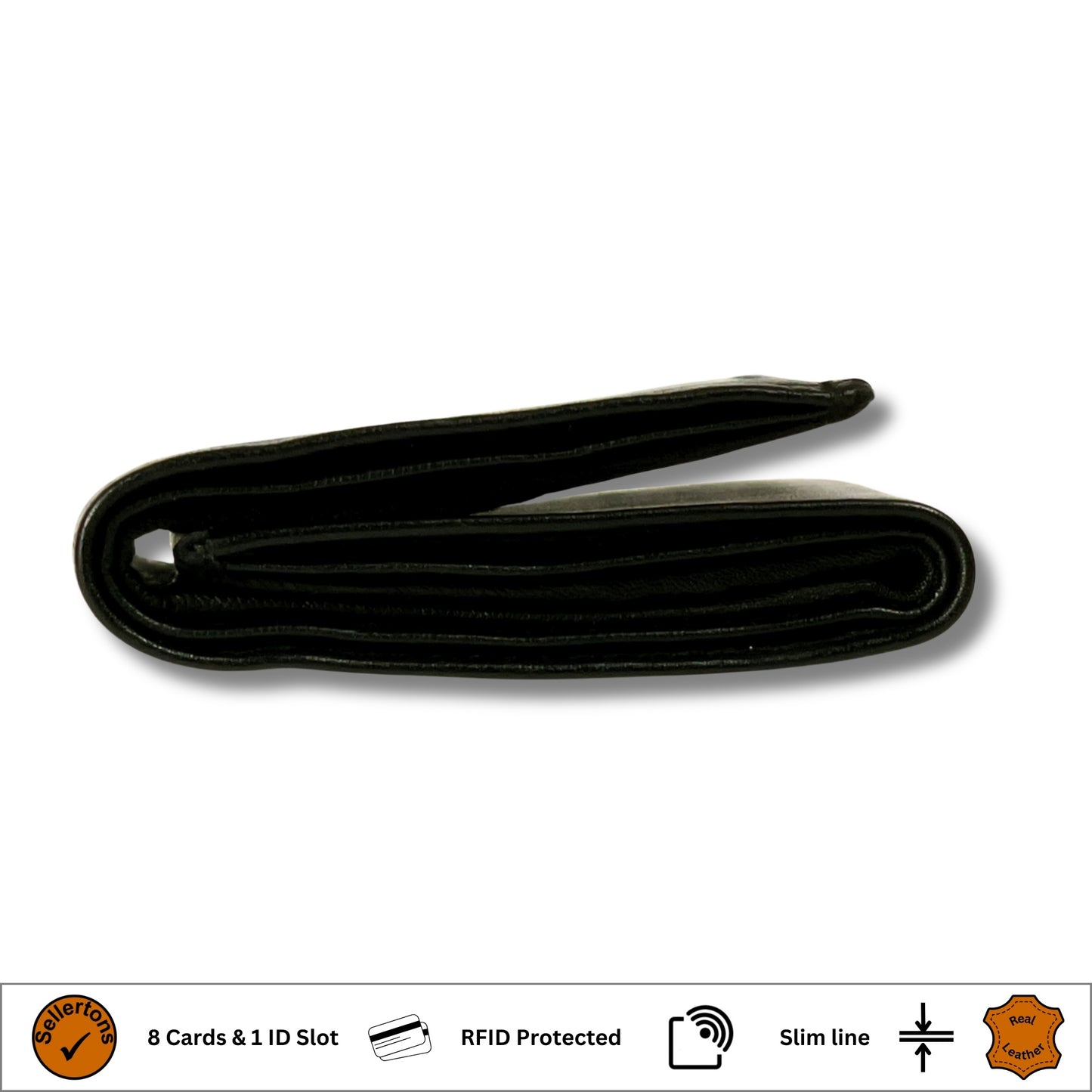 Side profile of a closed black leather trifold wallet made from premium Nappa leather