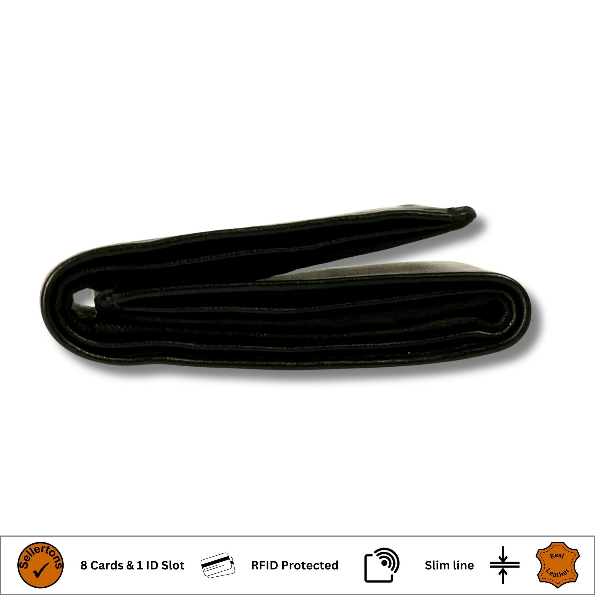 Side profile of a closed black leather trifold wallet made from premium Nappa leather