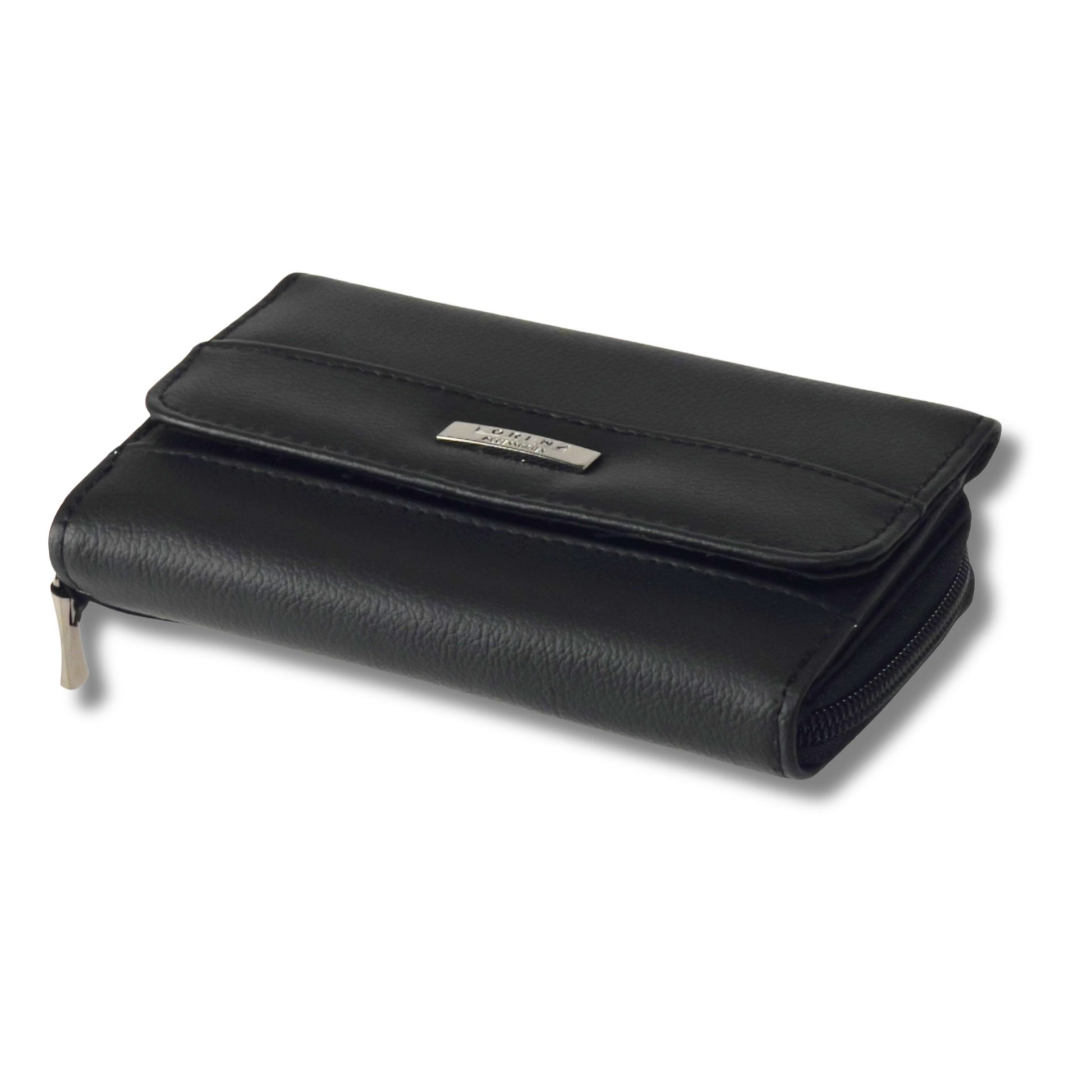 Angled view of a black RFID leather trifold wallet, showcasing its zip closure and premium finish