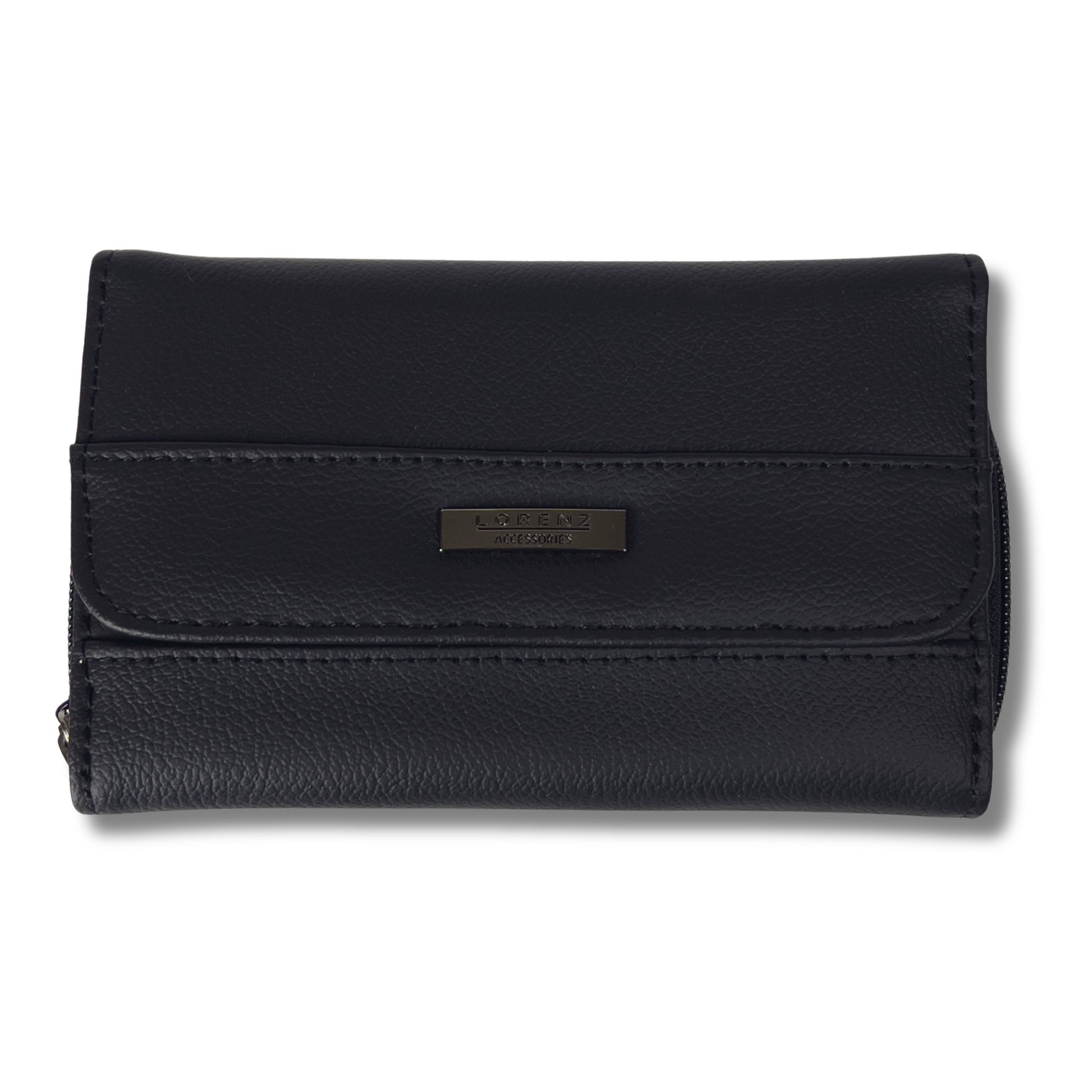 Front view of a black RFID leather wallet, highlighting its smooth leather texture and classic design