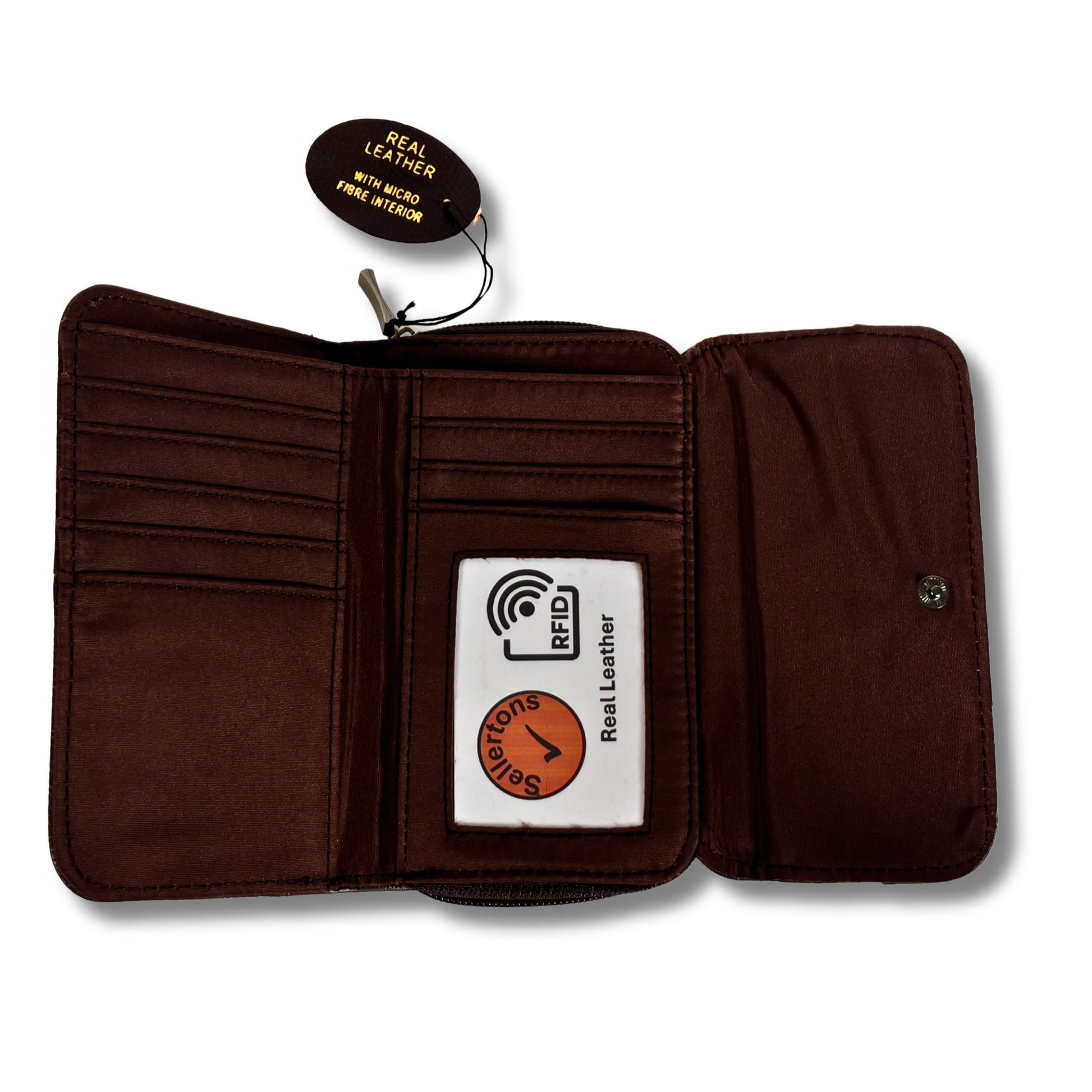 Open view of a brown RFID leather wallet with multiple card slots, ID window, and a secure interior