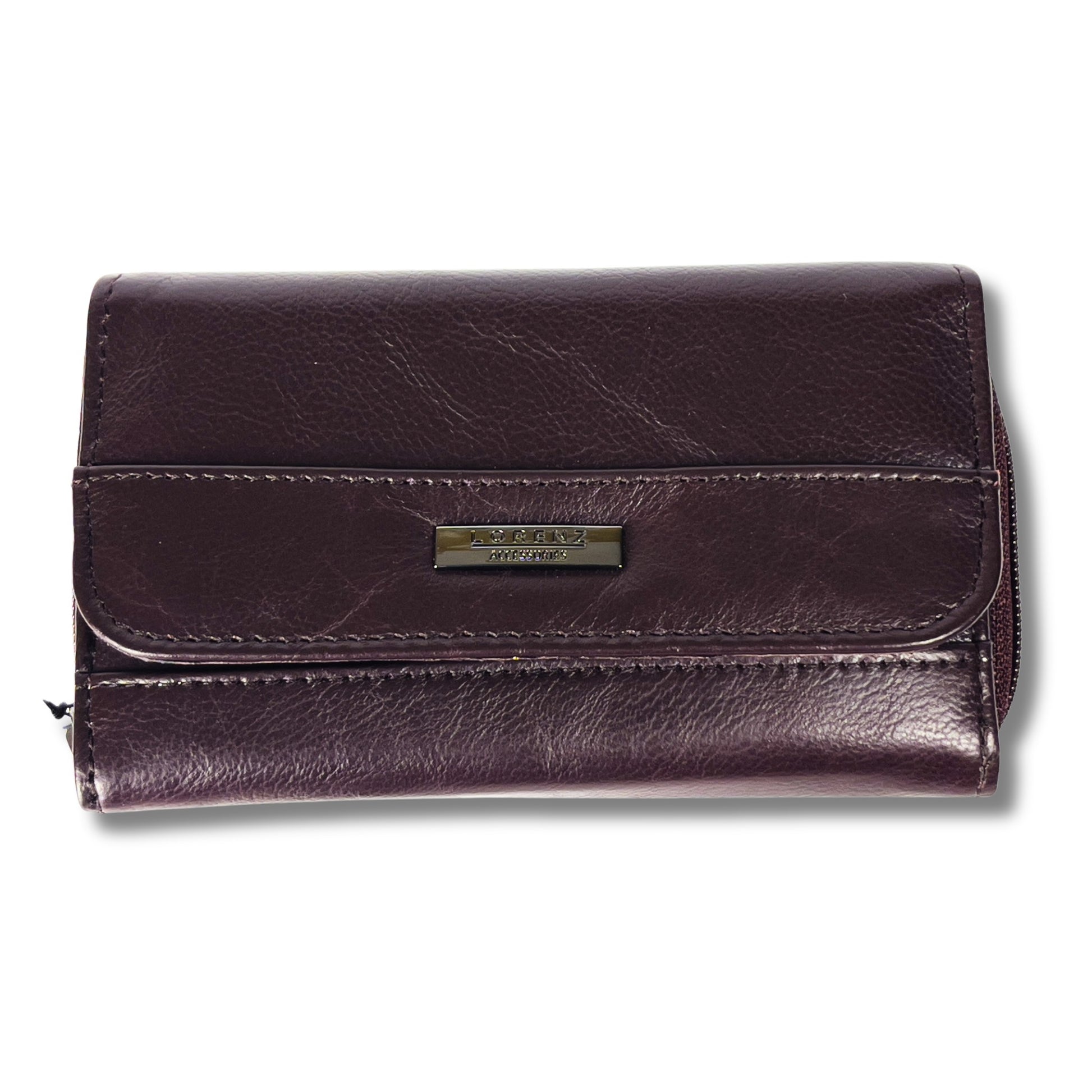 Front view of burgundy RFID soft leather trifold wallet, featuring a classic design and high-quality leather for secure everyday use.