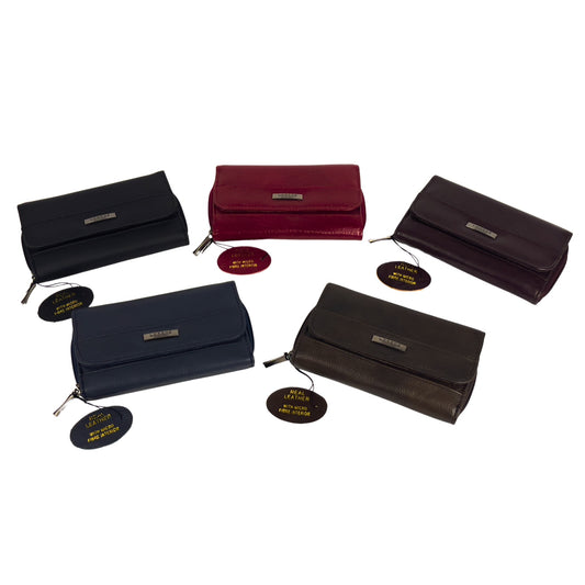 Four Lorenz Women's RFID Soft Leather trifold Wallets in black, navy, brown, and red, each featuring a zip-around closure, card slots, and an ID window