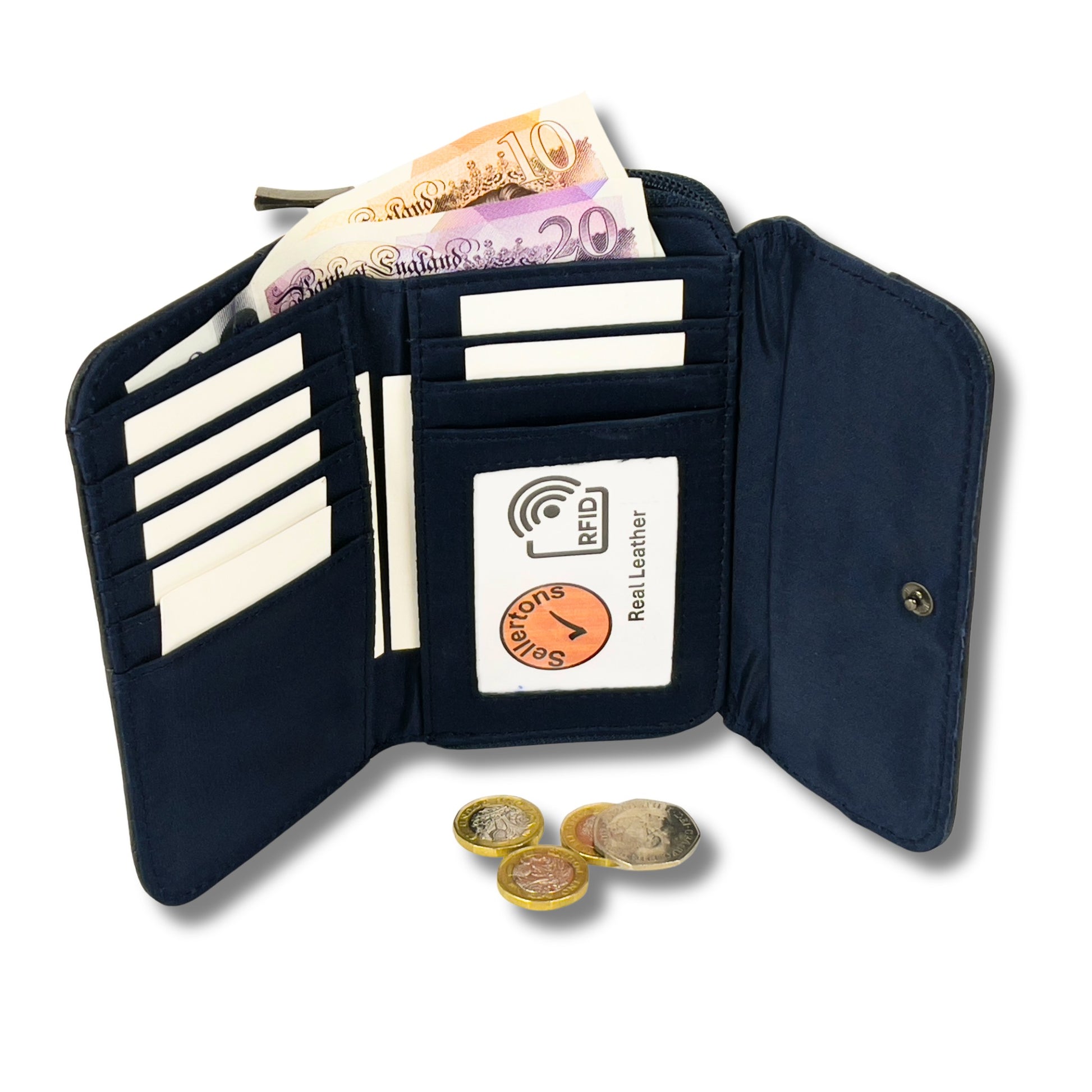 Open navy RFID leather wallet displaying card slots, cash, and coins