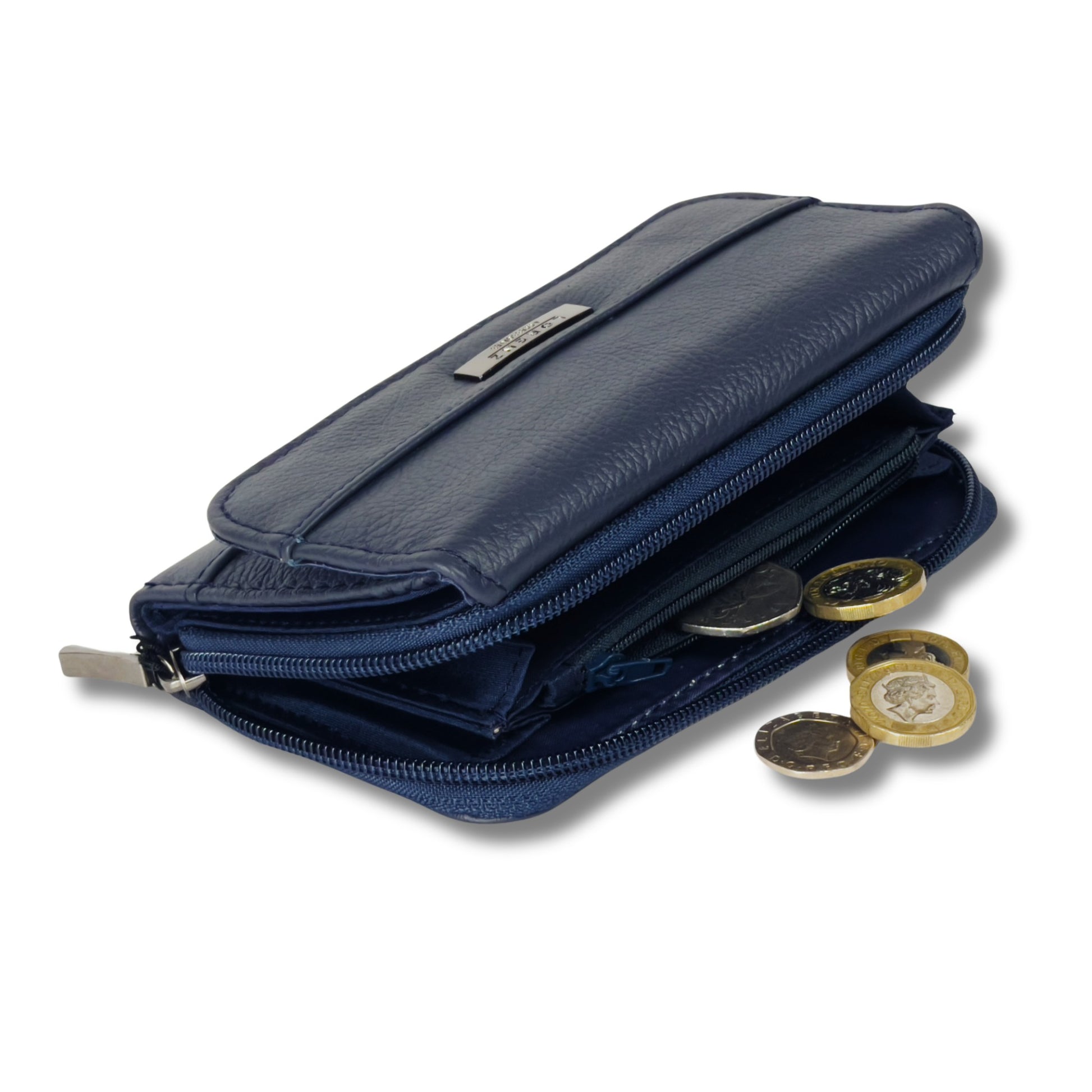 Close-up of the zip coin pocket on a navy RFID leather wallet, with coins partially visible