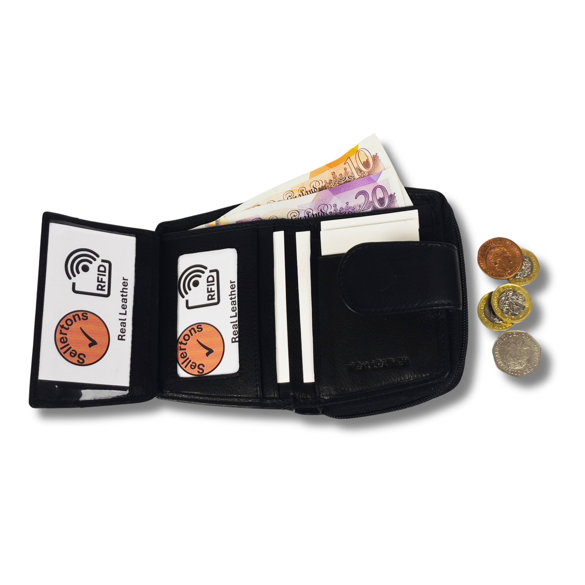 Black RFID ladies' purse with open interior, showing compartments for cards and cash