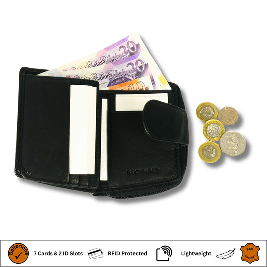 Black soft Nappa leather ladies' purse with RFID protection, showcasing its zip compartment